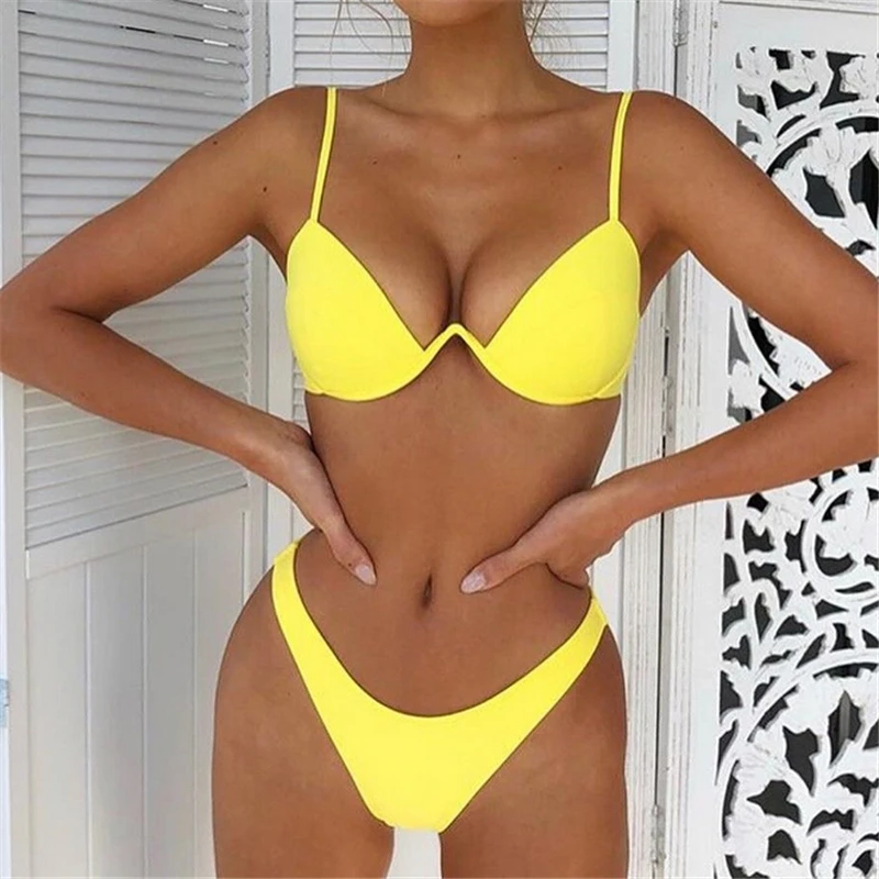 Bikini 2019 Sexy mujer traje de baño Bikini brasileño Push Up traje de baño sólido traje de baño Tanga Biquini Bikini conjunto