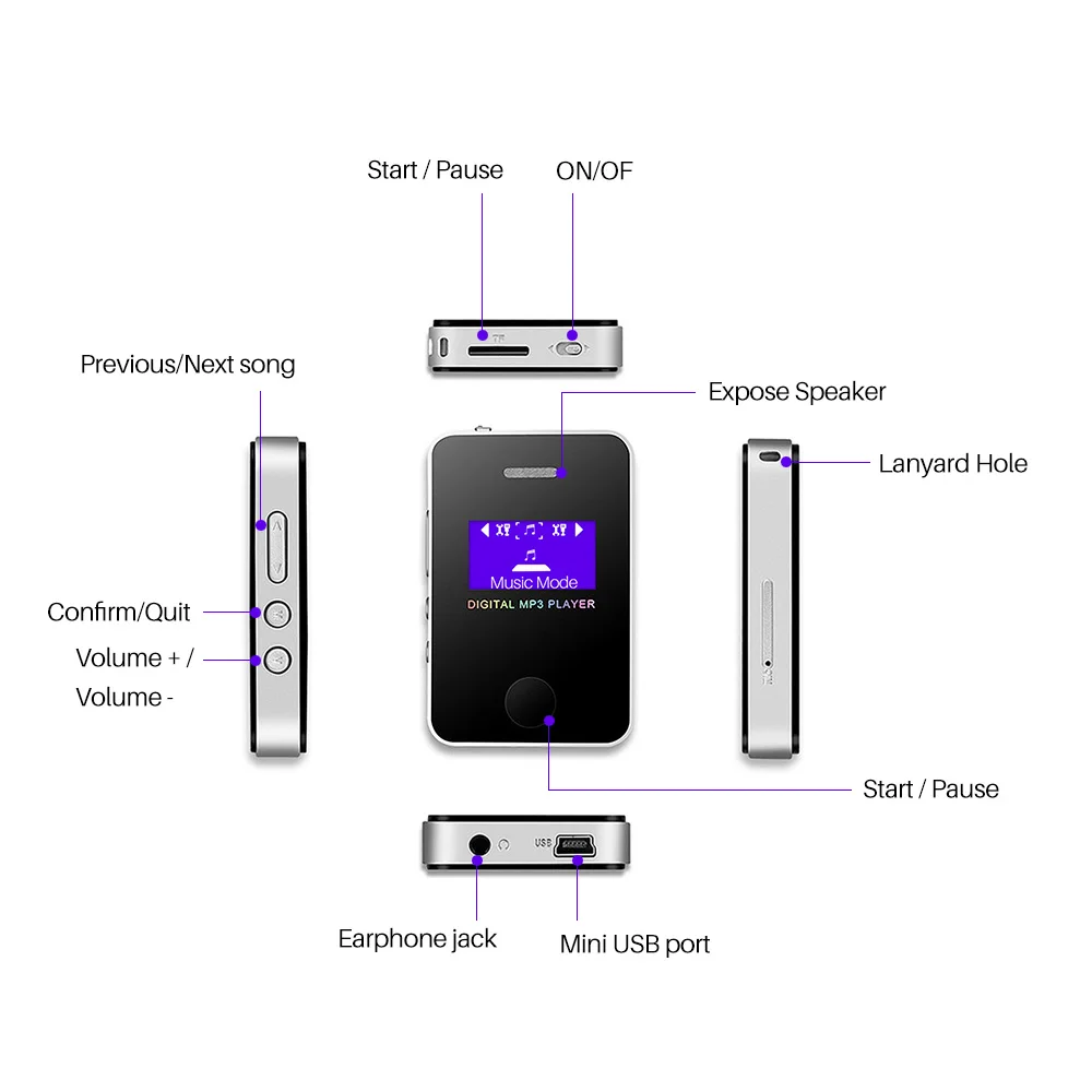 Mp3-плеер динамик 1,1 дюймов экран спортивный цифровой компактный и портативный мини MP3 Макс поддержка 16 Гб Micro SD карта с зарядным кабелем