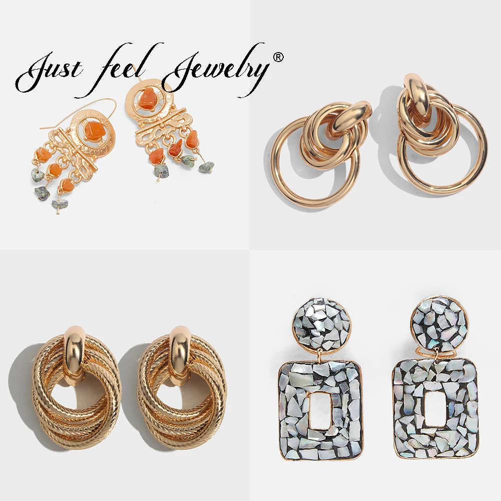 

JUST FEEL New Za Fashion Shining Square Metal Geometric Dangle Earrings For Women Bohemian Wedding Tassel Drop Earring Jewelry