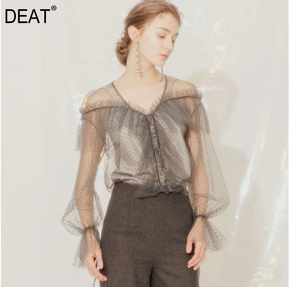 

DEAT 2020 new summer women clothes Spring Twinset chiffon ruffles polka dots sexy V -neck lantern sleeves shirt WF11107