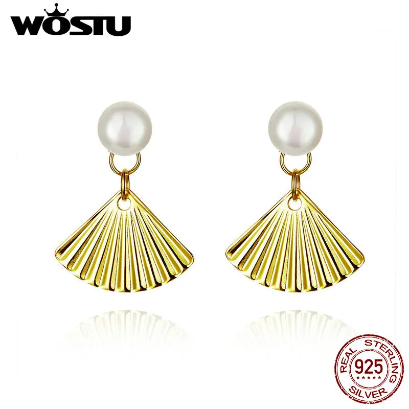 

WOSTU Golden Shell & Freshwater Pearls Stud Earrings 925 Sterling Silver Small Earrings For Women Delicate Luxury Jewelry CQE596