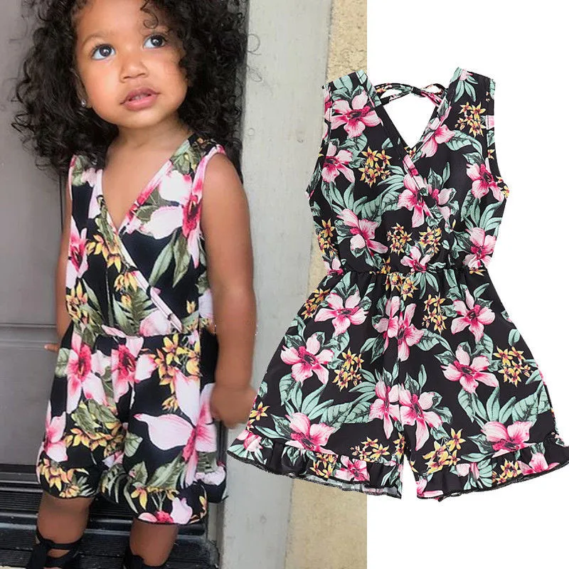

Flowers print Toddler Kids Baby Girls clothes Sleeveless V-neck cotton Romper casual newborn lovely Jumpsuit one pieces