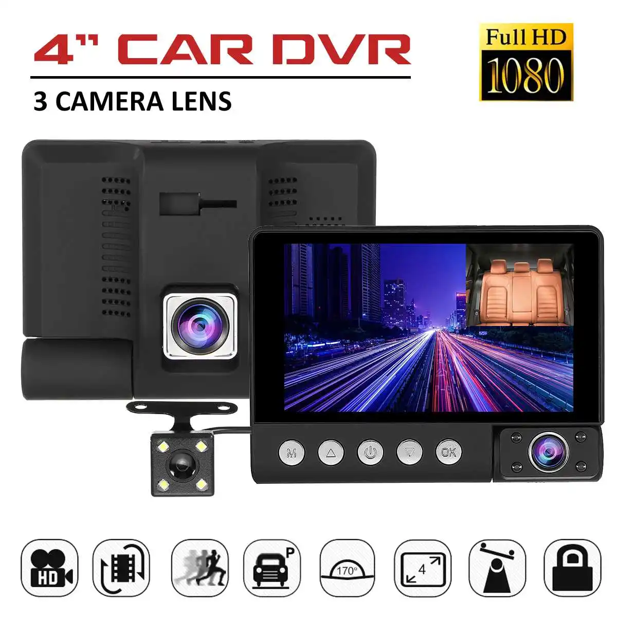 

4.0" IPS Screen Car DVR Camera 3 Lens Video Recorder Auto Registrator Dash Cam Rearview Monitor Front & Rear & Inside Cameras