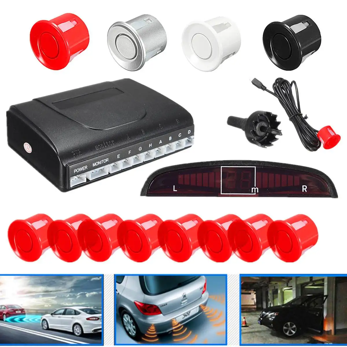 

Weatherproof 8 Rear Front Sensors Car Parking Sensor System Auto LED Display Monitor Car Reversing Backup Radar Detector Kit