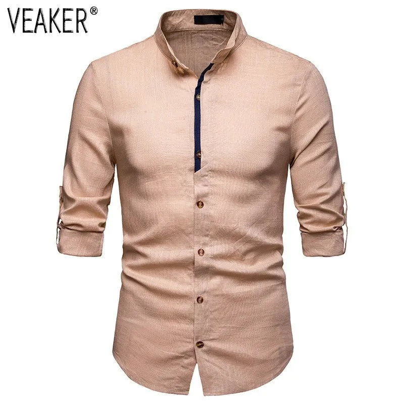 2019 Новый Для мужчин льняные рубашки мужской длинный рукав, дышащий хлопок льняная рубашка Топы в стиле пэчворк, зауженные рубашки S-2XL