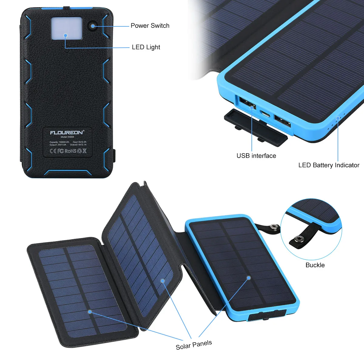 Floureon Солнечный Мощность Bank 10000 mAh Телефон Комплекты внешних аккумуляторов