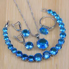 Акция, большой круглый Небесно-Голубой кубический цирконий 925 серебряная бижутерия, наборы для женщин, Круглый браслет, ожерелье, серьги, кольцо