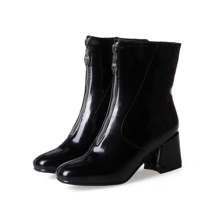 

Jrnnorv Autumn Fashion Boots 2019 New Dropshipping Low Heel Boots Zipper Women Round Toe Square heel Patent Leather Boots