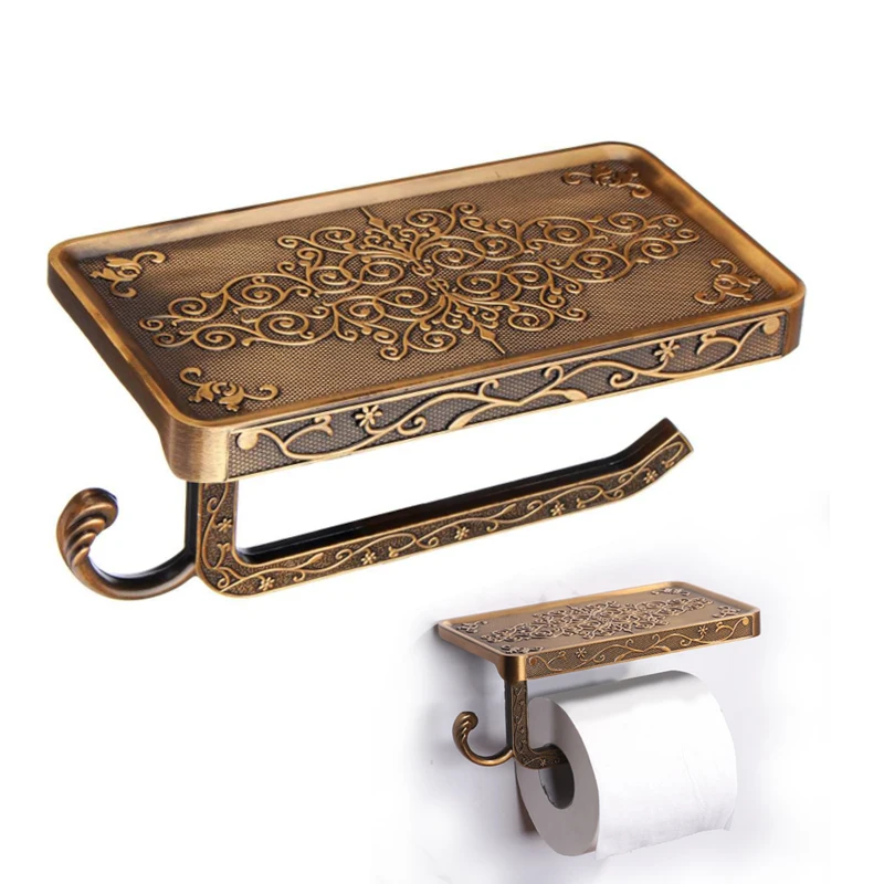 Bathroom Towel Rack Toilet Paper Holder Antique Carved Zinc Alloy Bathroom Paper Mobile Phone Holder With Shelf Tissue Boxes