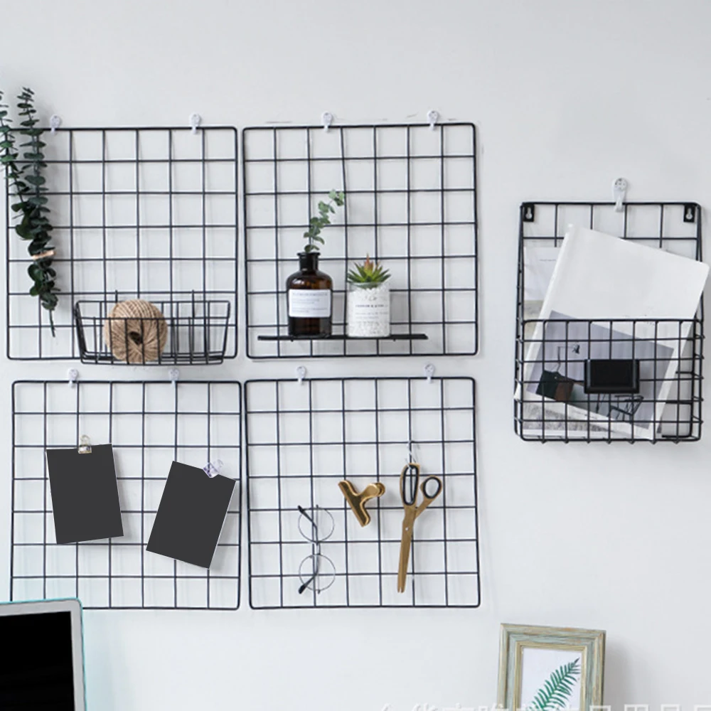 

35*35cm Multi-Function Iron Frame Mesh Grid Panel Decor Photo Wall Art Display Organizer Decorative Shelves