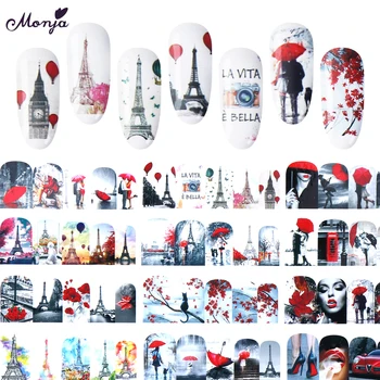 

Monja 12 Sheets Nail Art Full Cover Water Transfer Stickers Couple Maple Eiffel Tower Pattern Romantic Decal Manicure Decoration