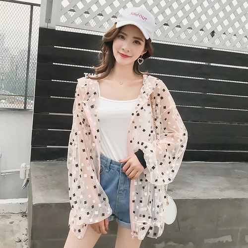 2019 New Summer Women Harajuku Loose Thin Hooded Pink Jacket Cardigan Coat Sun Protection Transparent Jacket Casaco Feminina