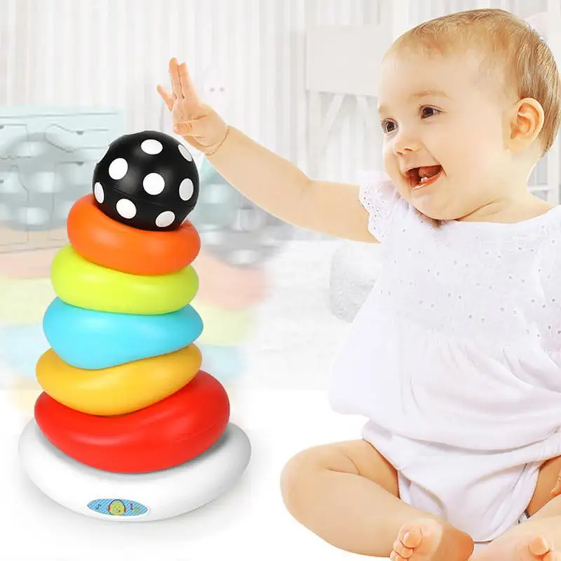 

Baby Mushroom Rainbow Tower Piles Music Blocks Kids Colorful Tumbler Stacking Ring Tower Children Educational Plastic Toys Gifts