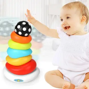 

Baby Mushroom Rainbow Tower Piles Music Blocks Kids Colorful Tumbler Stacking Ring Tower Children Educational Plastic Toys Gifts