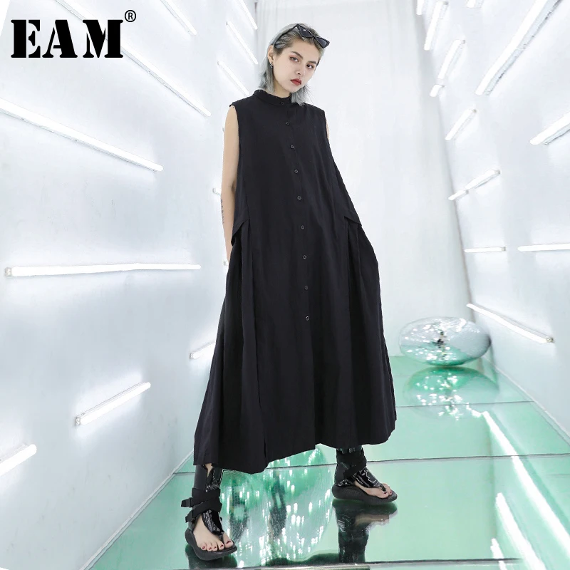 

[EAM] 2019 New Spring Summer Round Neck Sleeveless Black Pleated Split Joint Loose Temperament Dress Women Fashion TideJU057