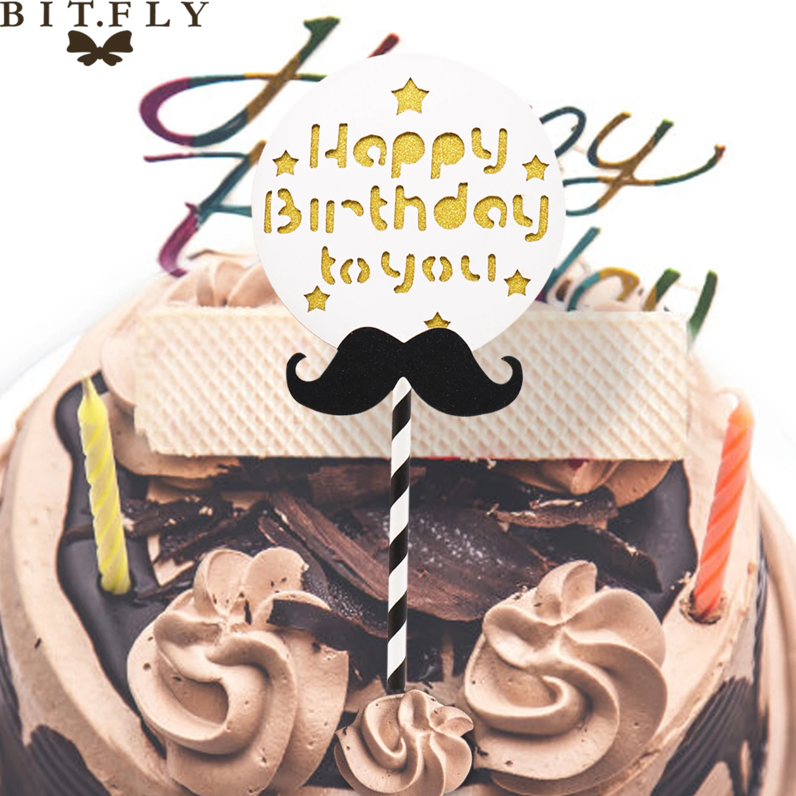 Download BITFLY 10PCS Happy Birthday Cake Topper Mustache Cupcake ...