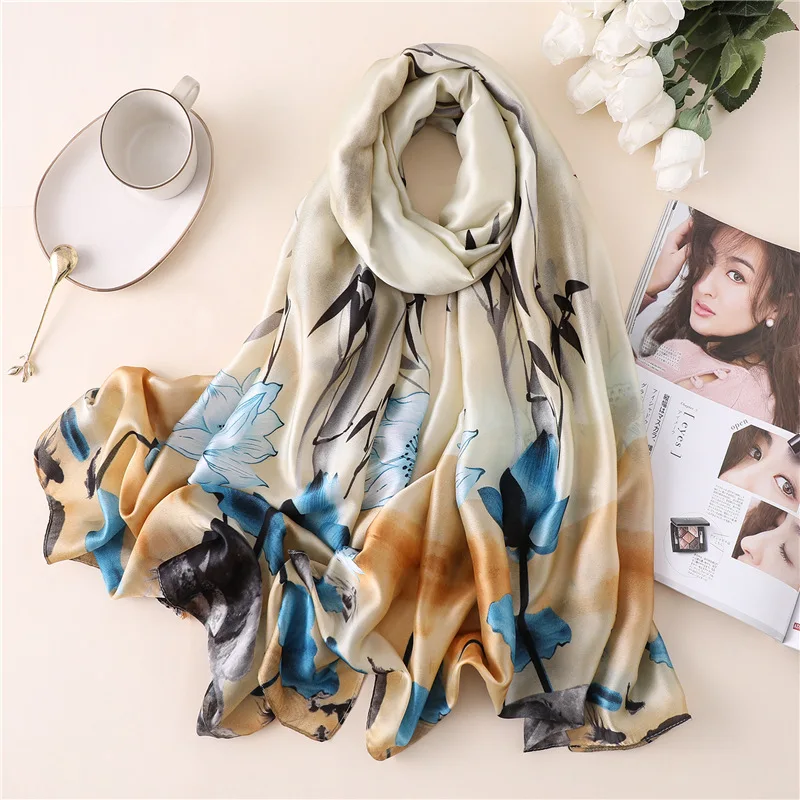 

2019 New Women's Silk Scarf Soft Printed Scarves Spring Shawls Wraps Lady Pashmina Satin Bandana Hijabs Scarf Foulard 180*90cm