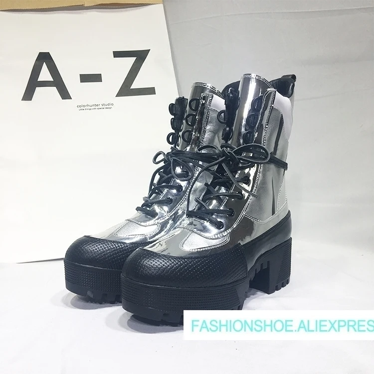 

2019 Hot Autumn Winter Shoes Woman Platform Lace Up Square Heels Leather Boots Designer Woman Silver Tide Superstar Knight Boots