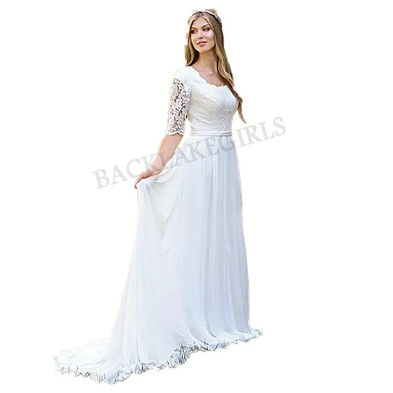 Half Sleeves Wedding Dress Floor Length Lace Bride Dress White Ivory