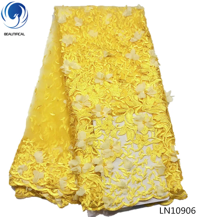 

BEAUTIFICAL yellow lace fabric 3d tulle lace fabric 3d lace fabric 2018 high quality lace 5 yards/lot with beads flowers LN109