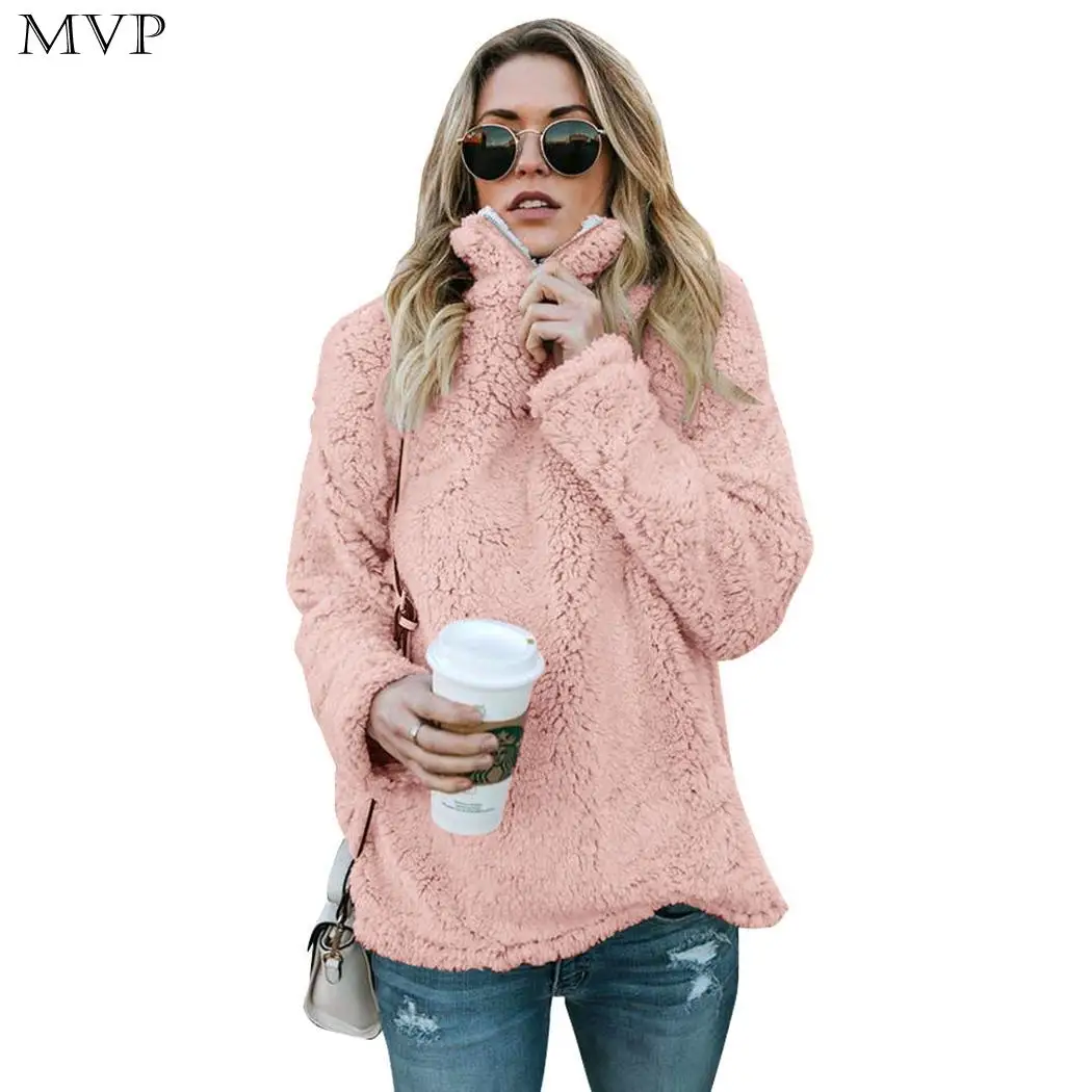 

Casual women Winter Sleeve Loose Tops Fleece Long Jacket Winter Plus Zipper Solid Size Sweater Stand Womens 2018
