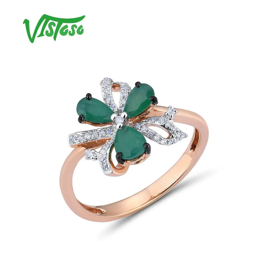 

VISTOSO 14K 585 Rose Gold Ring For Women Magic Emerald Sparkling Diamond Engagement Anniversary Elegant Shining Fine Jewelry
