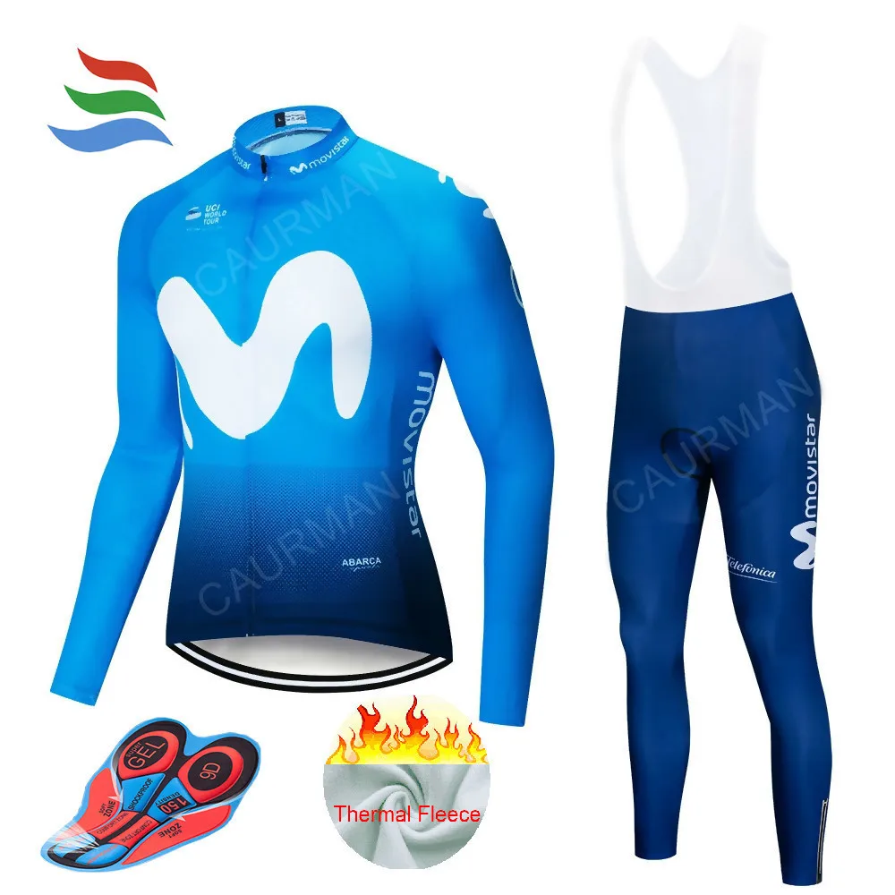 

2018 Movistar Men Long Thermal Fleece Cycling Clothing Team Pro Cycling Jersey Winter Bib Set MTB Champion Ropa Ciclismo Maillot