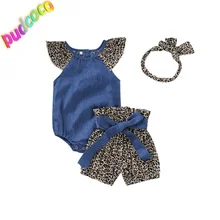 Топы для новорожденных девочек, комбинезон, леопардовые штаны, повязка на голову, комплекты одежды, 3 предмета