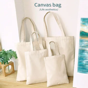 

White Canvas Shopping Bags Eco Reusable Foldable Shoulder Bag Large Handbag Fabric Cotton Tote Bag for Women Shopping Bags