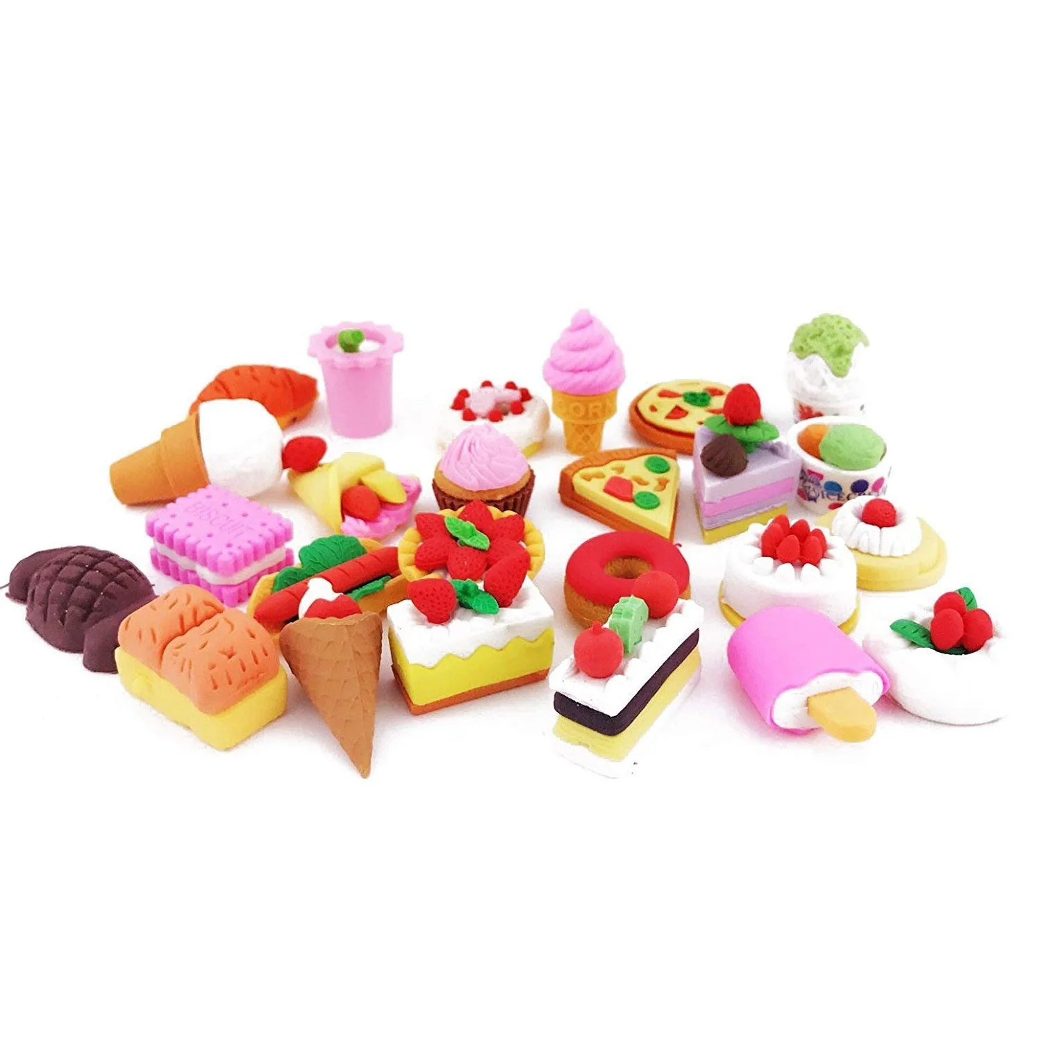 25PCS Pencil Erasers Assorted Food Cake Dessert Puzzle Toys Earsers For Kids(25 different Style randomly selected from as show | Канцтовары