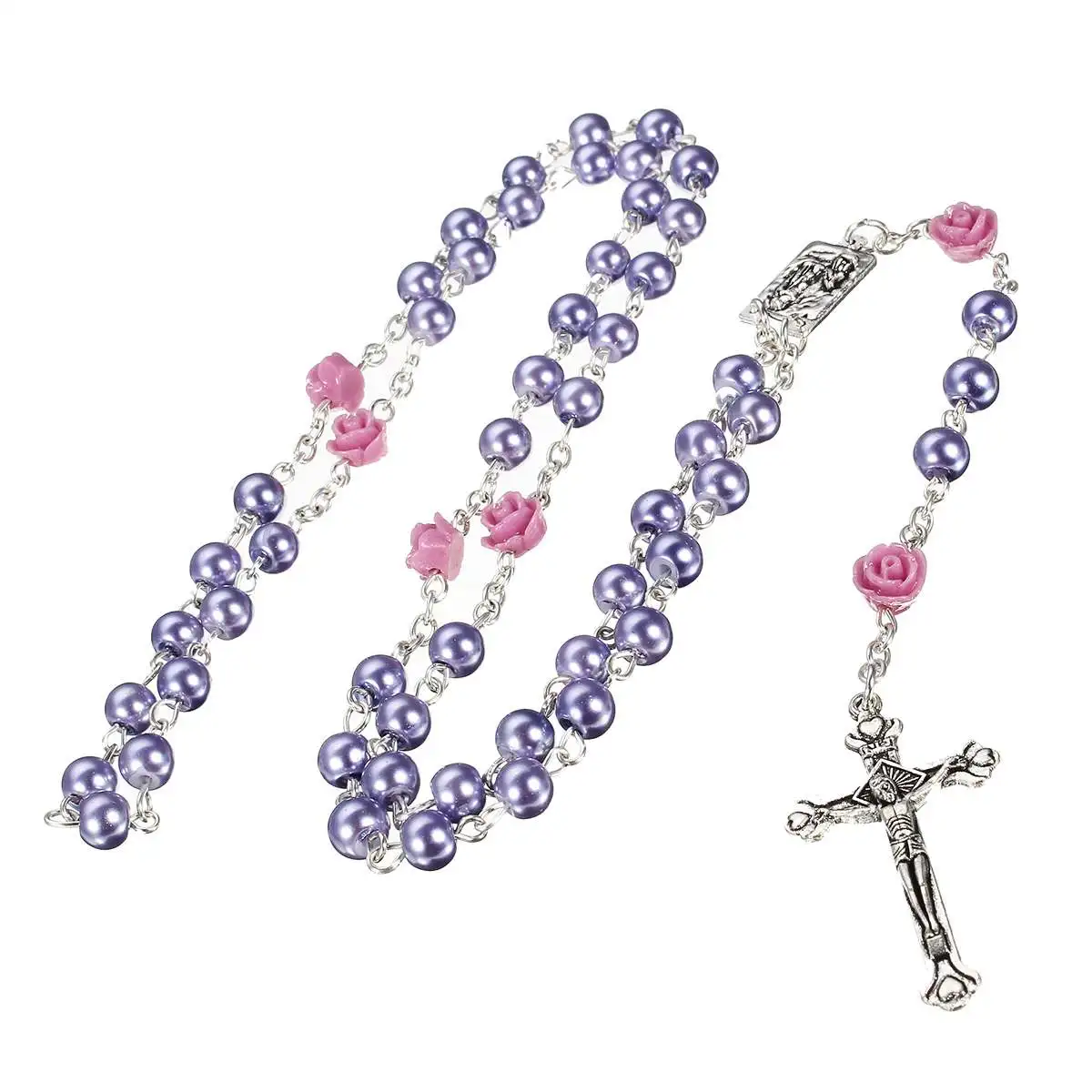 

5 Colors Imitation pearl bead rosaries Necklace Silver Drop Cross Virgin Mary Center Rosary Jesus Pendant With Rose Flower Cross