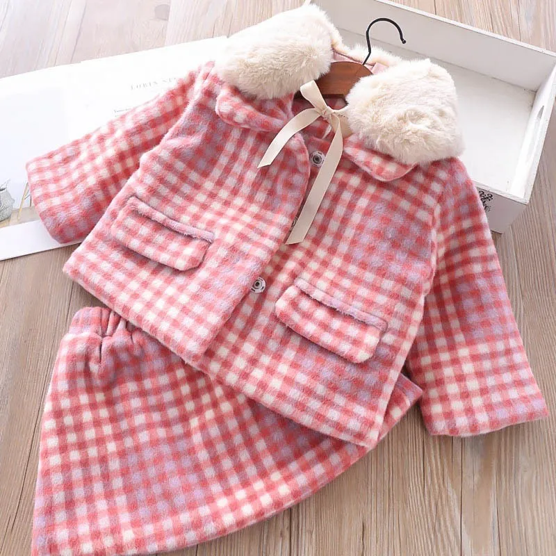 Платье для девочек, зимний клетчатый Модный комплект одежды с меховым воротником для девочек, детское пальто в стиле Лолиты, платье для малышей, новогодний костюм, Рождественский наряд