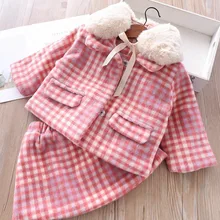 Платье для девочек, зимний клетчатый Модный комплект одежды с меховым воротником для девочек, детское пальто в стиле Лолиты, платье для малышей, новогодний костюм, Рождественский наряд