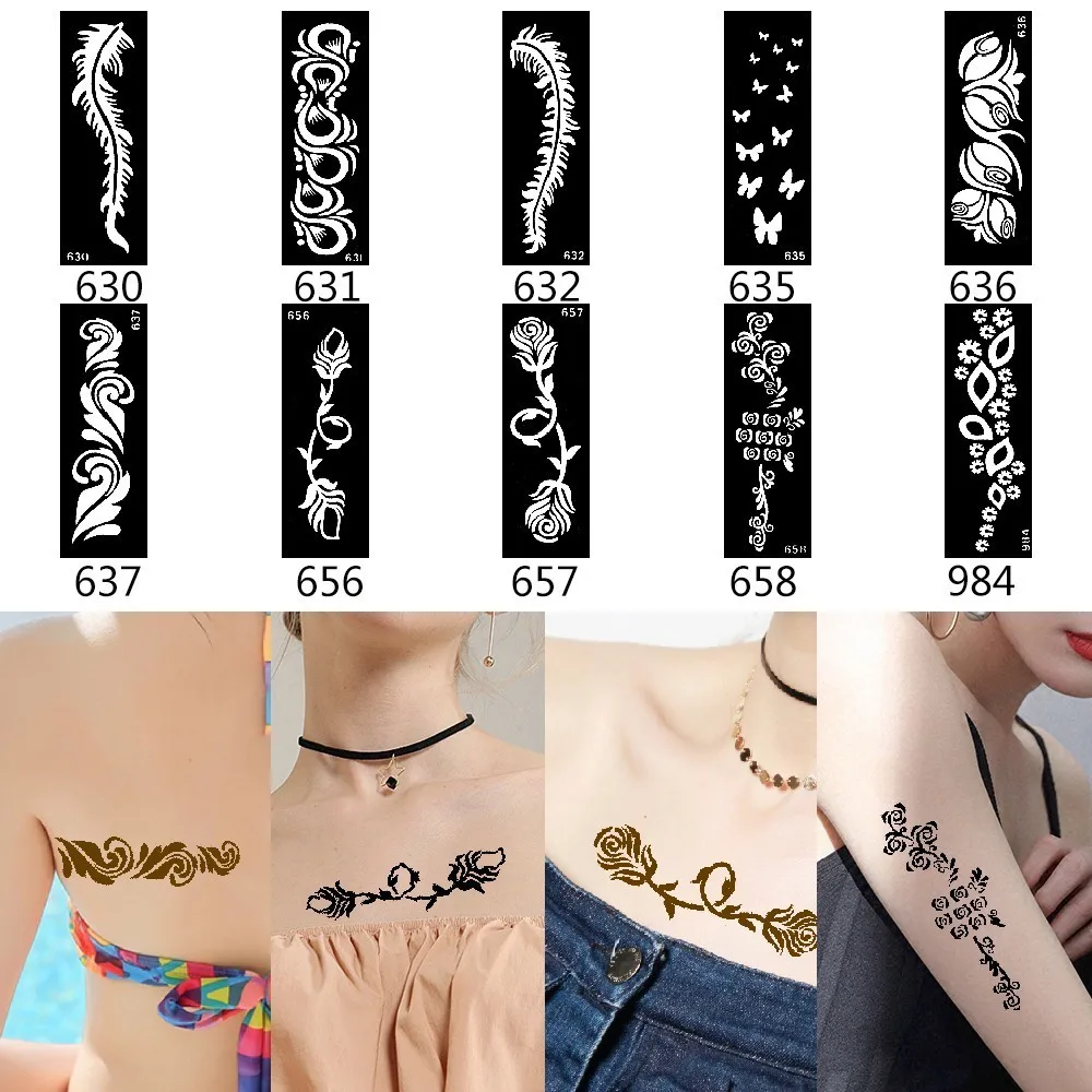 10 шт./компл. трафарет для татуировки хной с рисунком перьев Женский татуировок