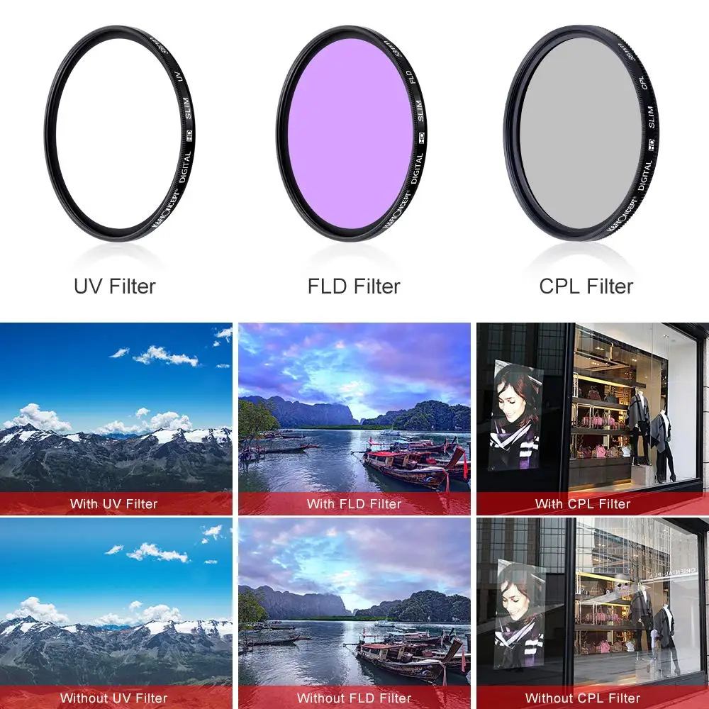 

49MM 52MM 55MM 58MM 62MM 67MM 72MM 77MM UV+CPL+FLD 3 in 1 Lens Filter Set with Bag for Sony Cannon for Nikon Pentax Camera Lens