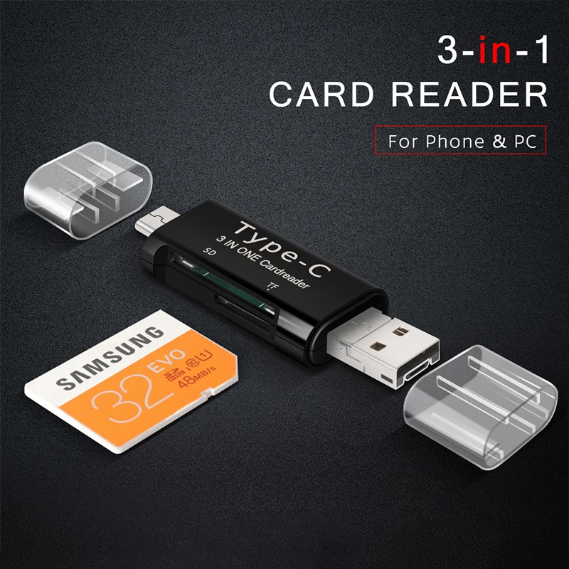Raugee Micro USB и type-C устройство для чтения карт памяти Универсальный 3 в 1 USB 2,0 SD TF карта адаптер для MacBook PC мобильный телефон