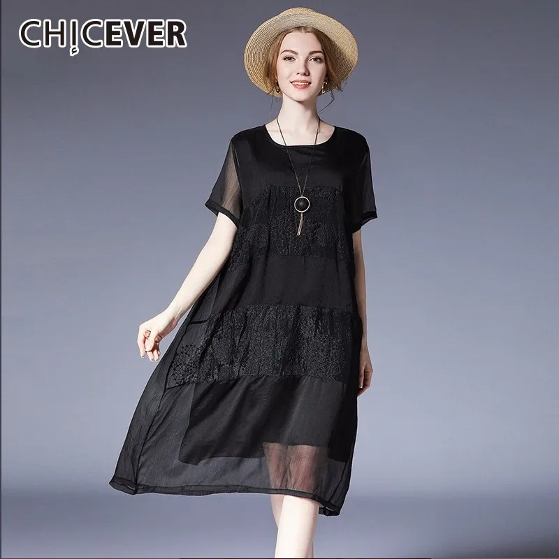 CHICEVER Embroidery Summer Dress For Women 2018 O Neck Short Sleeve Loose Plus Size Black Women's Dresses Korean Fashion Tide | Женская