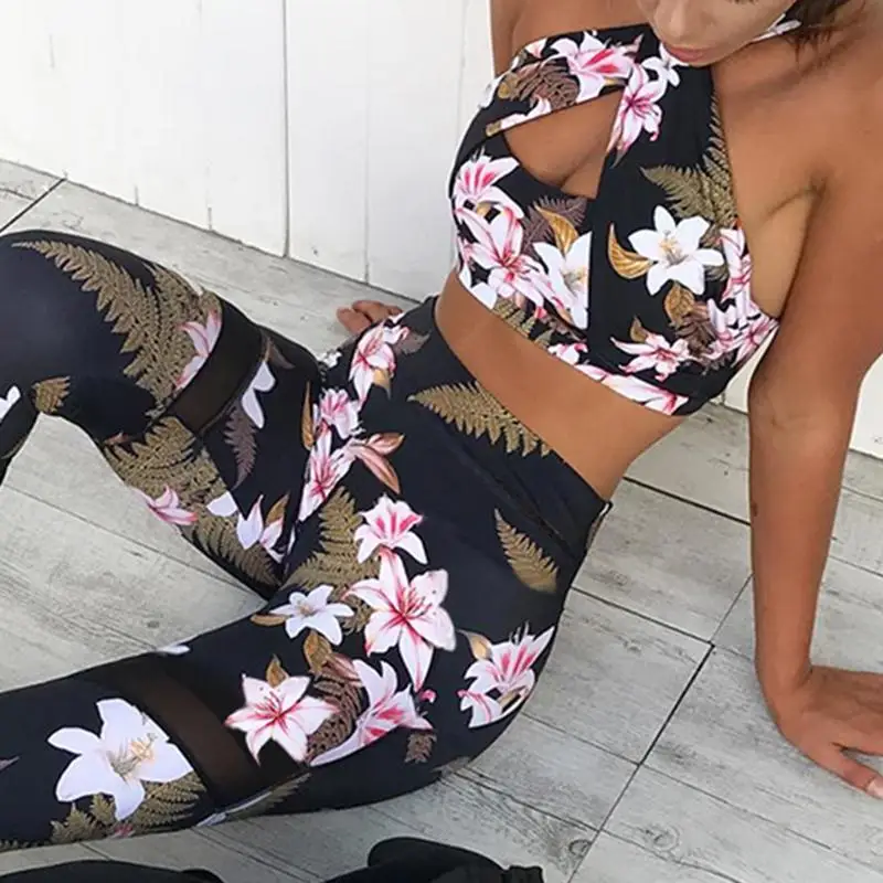 

2019 Printed Women Sports Set for Fitness Yoga Running Gym Sports Bras Pants High Stretch Yoga suits Aerobic Clothing