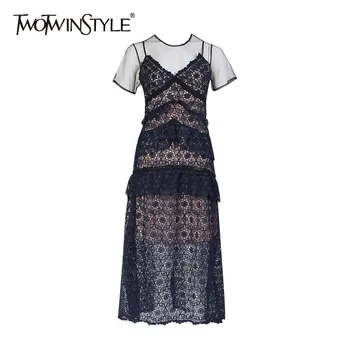 

TWOTWINSTYLE Lace Patchwork Dresses Female Short Sleeve High Waist Hollow Out Lace Up Perspective Party Dress Women 2020 Summer
