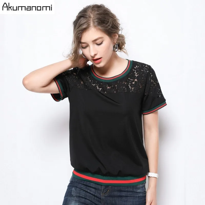 Femininas Blusas, женские блузки, летняя мода, Сексуальная Повседневная рубашка, топы, кружева, короткий рукав, круглый ворот, для отдыха, черного цвета, размера плюс l-5XL