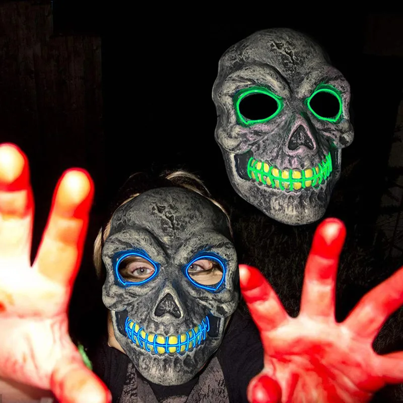 Неоновые маски на Хэллоуин, страшная маска с черепом, светодиодный маскарадный маскарад, тушь для ресниц, косплей, карнавальные, вечерние, маскарадные маски, маска с изображением скелета корку, страшные маски
