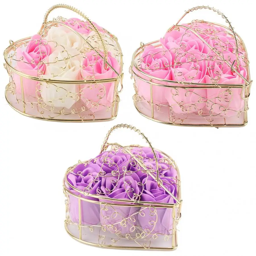 

artificial flowers for wedding 6 Gold Plating Rose Flower Soap Flower Valentine's Day Romantic Iron Basket Gift Box for