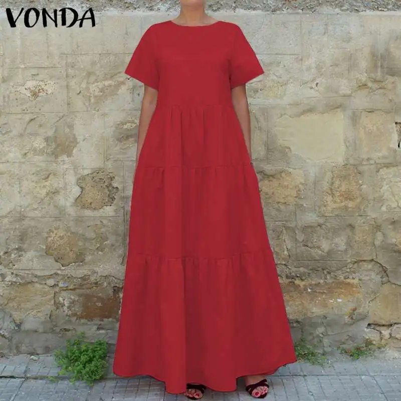 

Maxi Dress Women Summer Dress Vintage A Line Pleated Long Party Dresses VONDA 2019 Female Short Sleeve Vestidos Plus Size Robe