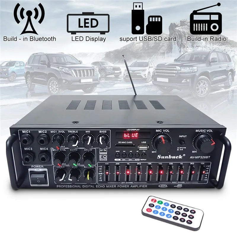 Стереоусилитель EQ 2000 вт bluetooth 4 ом 2 канала USB 64 гб диск/SD карта для автомобиля и