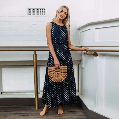 2019 Bobo Women Dark Blue Boho Loose Sleeveless Holiday Dot Print Long Maxi Dress Evening Party Beach Dresses Summer Sundress