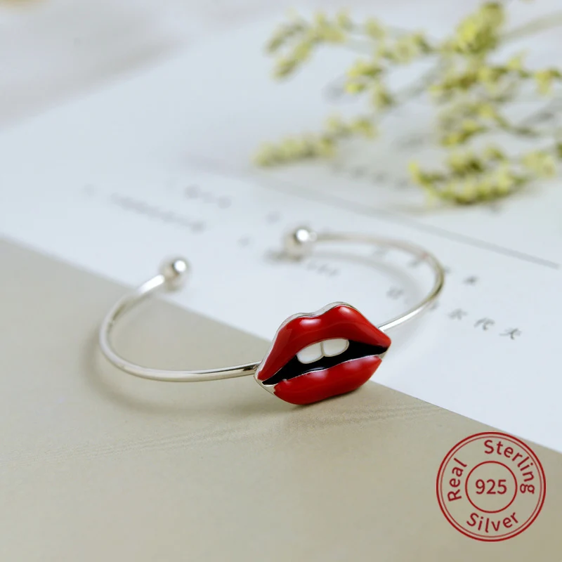 

Charm 925 Sterling Silver Women Bracelet Silver Color Chain Red Lips Female Cuff Bracelet & Bangles Jewelry Valentine's Giftzk40