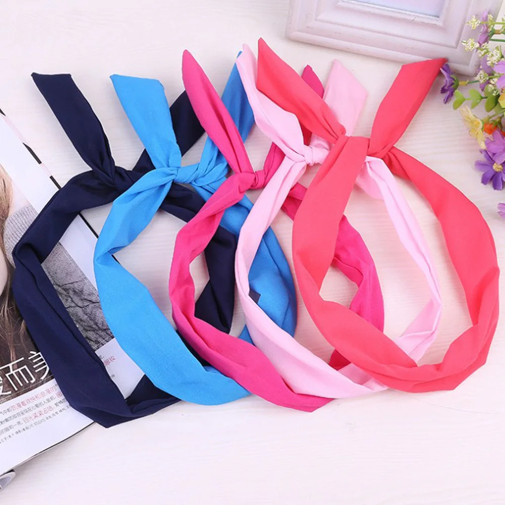 1Pc Cute Leopard Dots lip print flower Bunny Rabbit Ear Ribbon Headwear Hairband Metal Wire Scarf Headband Hair Band Accessories