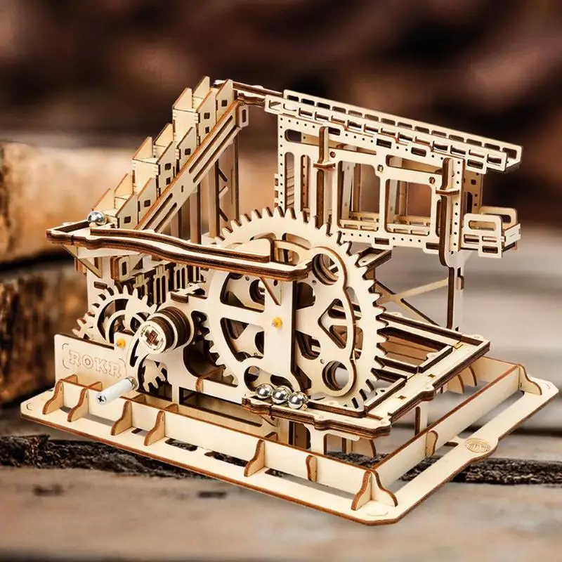 

3D Waterwheel Coaster Building Blocks Model Kit Wooden Craft Marble Run Game Assembly Toys