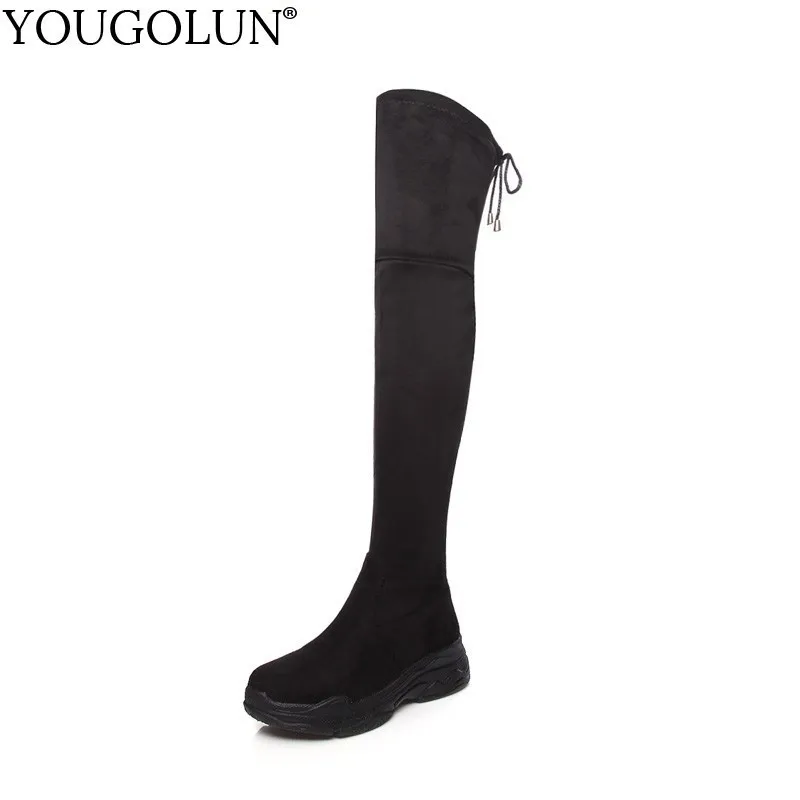 

YOUGOLUN Thigh High Boots Women Winter Ladies Back Lace up Shoes Black Brown Sexy Woman Over Knee Round toe Platform Boots B256