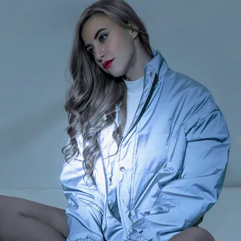

Women high waist Cotton-padded jacket Reflective Solid Gray Zipper Button Winter Coat Long Sleeve loose windbreaker Female A9282